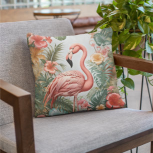 Elegante roze flamingo vogel en tropische bloemen kussen