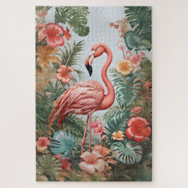 Elegante roze flamingo vogel en tropische bloemen legpuzzel