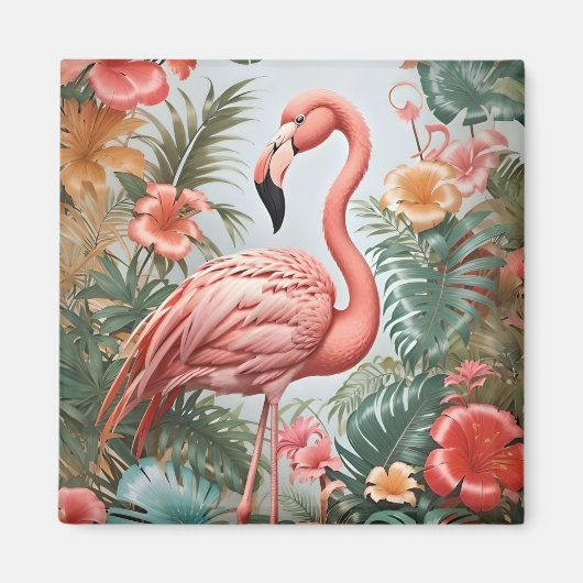 Elegante roze flamingo vogel en tropische bloemen magneet (Voorkant)