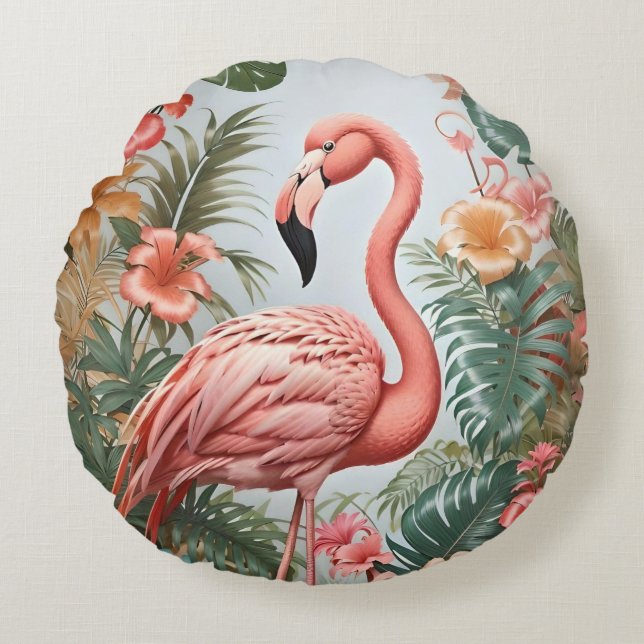 Elegante roze flamingo vogel en tropische bloemen rond kussen (Voorkant)