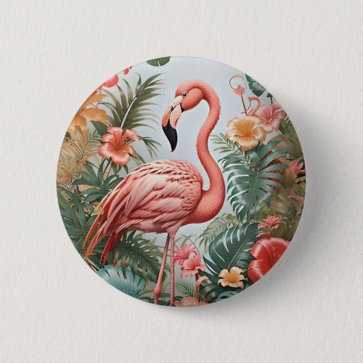 Elegante roze flamingo vogel en tropische bloemen ronde button 5,7 cm (Voorkant)
