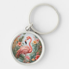 Elegante roze flamingo vogel en tropische bloemen sleutelhanger