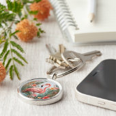 Elegante roze flamingo vogel en tropische bloemen sleutelhanger (Zijkant)