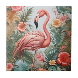 Elegante roze flamingo vogel en tropische bloemen tegeltje