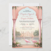 Elegante roze flamingo's Indiase paleisboog bruilo Kaart (Voorkant)