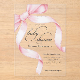 Elegante Roze Flirtende Strik Meisje Baby Shower Acryl Uitnodigingen
