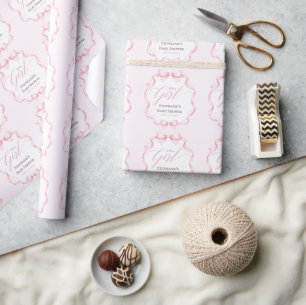Elegante Roze Flirterige Strik Bloem Baby Shower Cadeaupapier