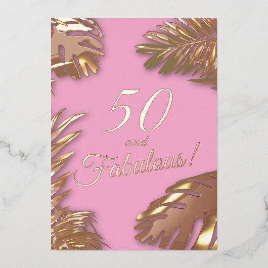 Elegante Roze Foto 50ste Fabulous Verjaardag Goud Folie Uitnodiging (Voorkant)