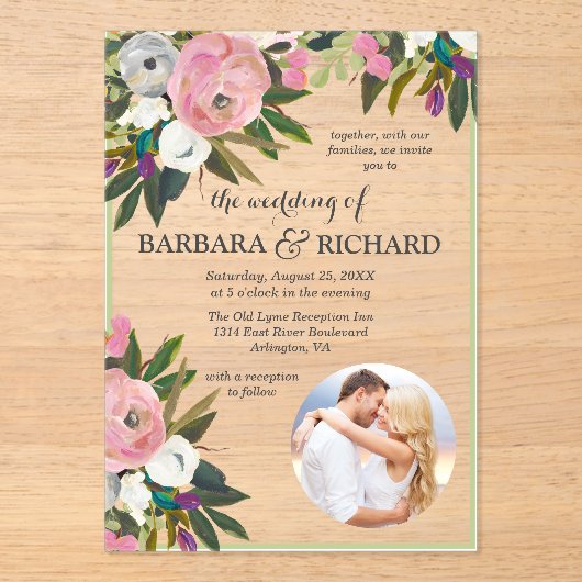 Elegante Roze Foto Bloemen Waterverf bruiloft Acryl Uitnodigingen (Voorkant)