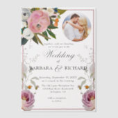 Elegante Roze Foto Bloemen Waterverf bruiloft Vellum Uitnodigingen (Voorkant)