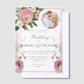 Elegante Roze Foto Bloemen Waterverf bruiloft Vellum Uitnodigingen (Offset)
