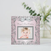 Elegante Roze Foto Eerste Verjaardag Uitnodiging (Staand voorkant)