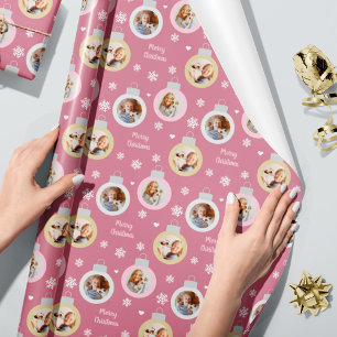 Elegante roze foto-ornament vrolijk kerstfeest cadeaupapier