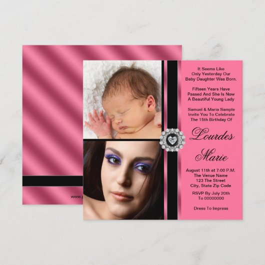 Elegante roze foto Quinceanera Kaart (Voorkant / Achterkant)
