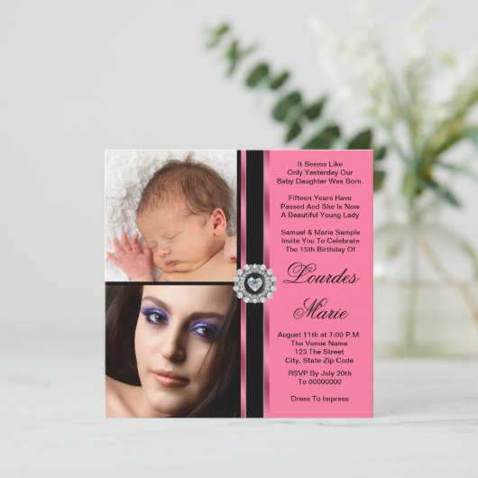 Elegante roze foto Quinceanera Kaart (Staand voorkant)