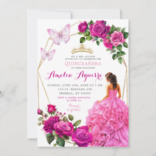 Elegante roze Fuchsia vlinder bloemenquinceañera Kaart (Voorkant)