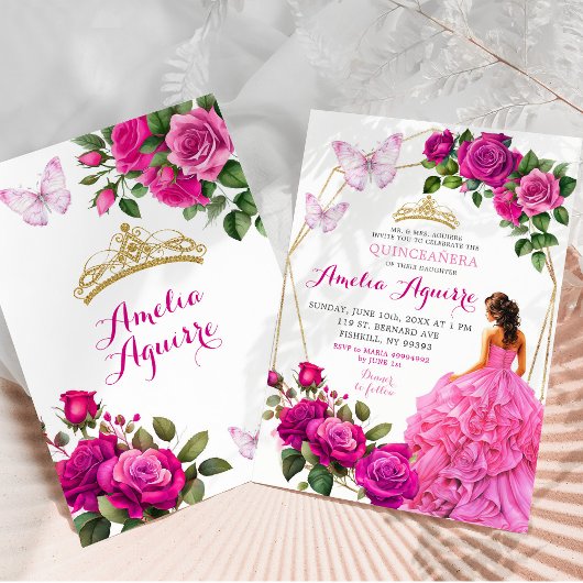 Elegante roze Fuchsia vlinder bloemenquinceañera Kaart