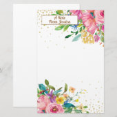 Elegante Roze Geel Bloemmotief Goud Glitters Briefpapier (Voorkant / Achterkant)