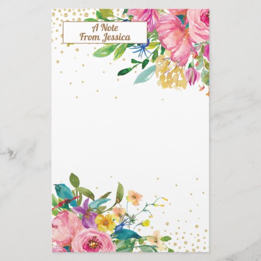 Elegante Roze Geel Bloemmotief Goud Glitters Briefpapier (Voorkant)