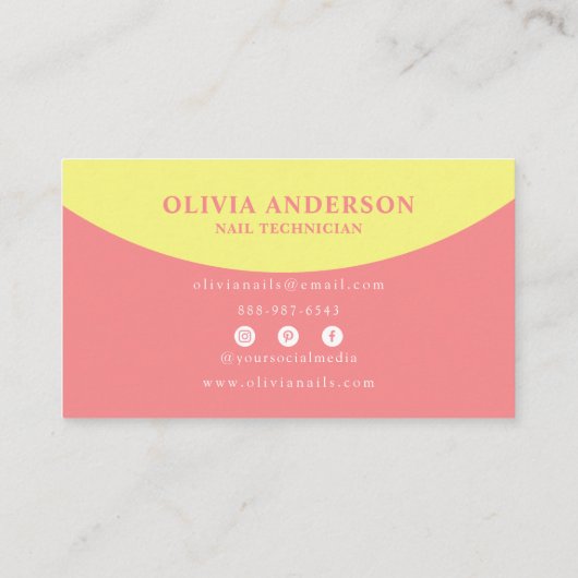 Elegante roze gele vrouwelijke moderne nageltechno visitekaartje (Achterkant)