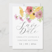Elegante Roze & Gele Wilde Bloemen Bruiloft Save The Date (Voorkant)