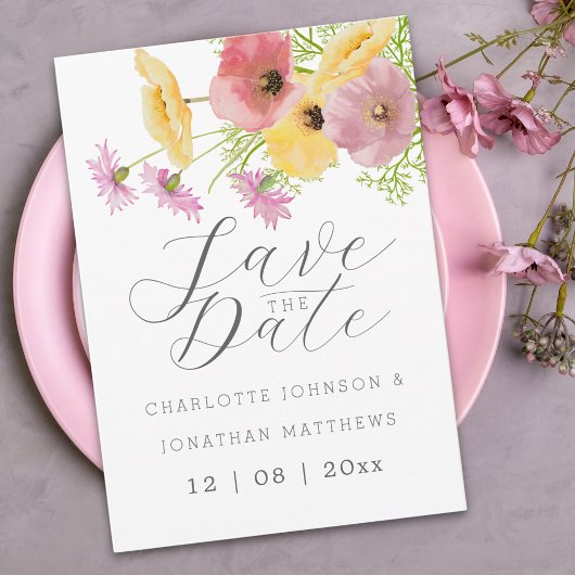 Elegante Roze & Gele Wilde Bloemen Bruiloft Save The Date