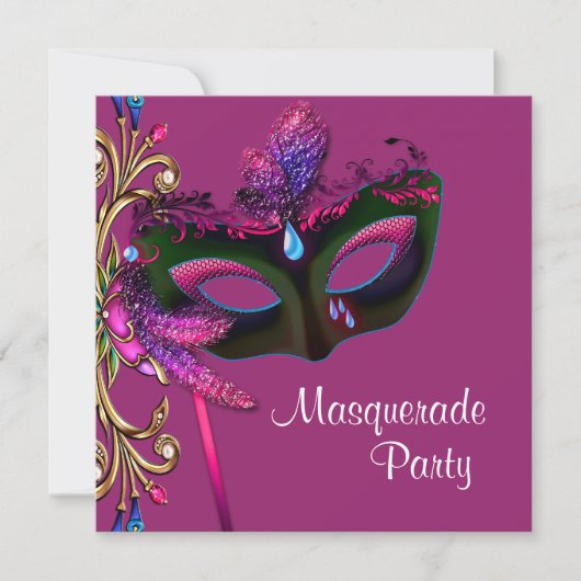 Elegante roze gemaskerde party kaart (Voorkant)