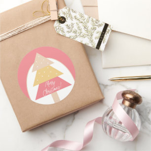 Elegante Roze Geometrische Kerstboom Ronde Sticker