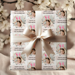 Elegante roze gepersonaliseerde foto Happy Easter Cadeaupapier