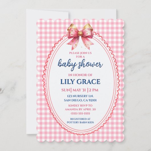 Elegante roze geruite baby shower uitnodiging met (Voorkant)