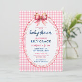 Elegante roze geruite baby shower uitnodiging met (Staand voorkant)