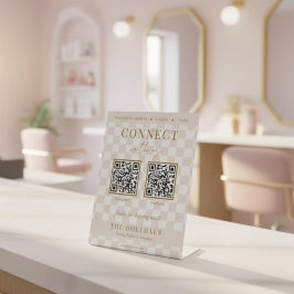 Elegante Roze Geruite Maak Contact Met Ons QR Code Reclamebord Met Voetstuk
