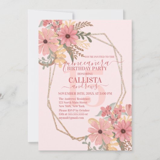 Elegante roze geschilderde bloemen glitter Quincea Kaart (Voorkant)