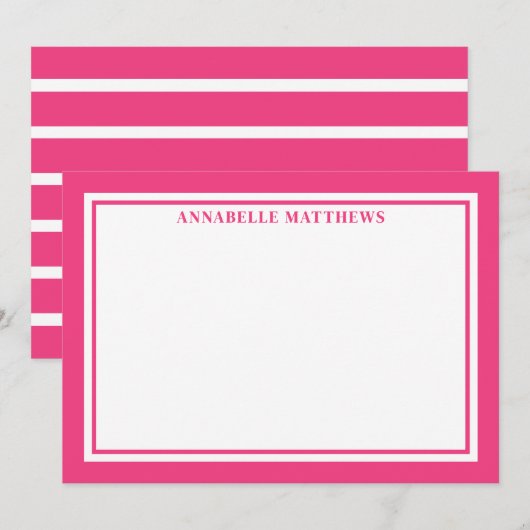 Elegante roze gestreepte monogram notitiekaartje (Voorkant / Achterkant)