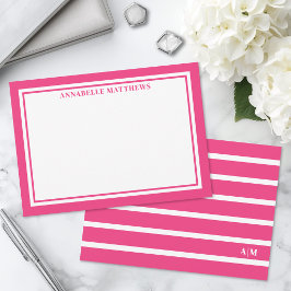 Elegante roze gestreepte monogram notitiekaartje