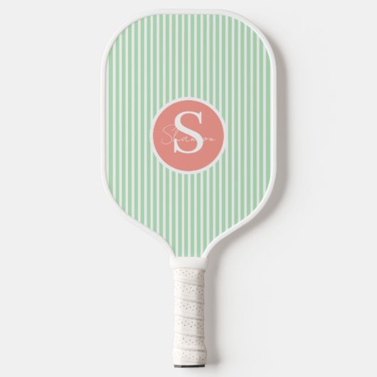 Elegante Roze Gestreepte Monogram Pickleball Paddl Paddle (Voorkant)