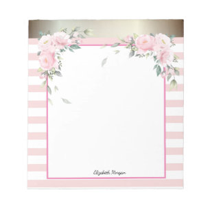 Elegante Roze Gestreepte, Waterverf Bloemen Notitieblok