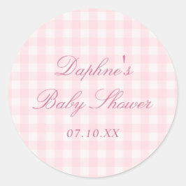 Elegante Roze Gingham Baby Shower Ronde Sticker