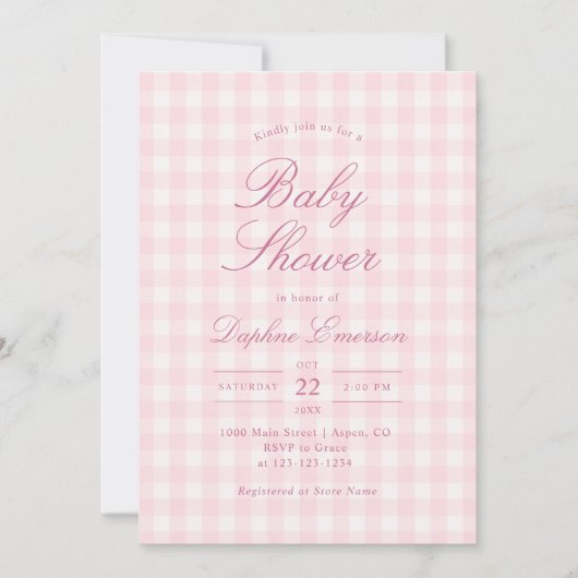 Elegante Roze Gingham Baby Shower Uitnodiging (Voorkant)