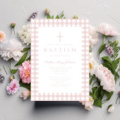 Elegante Roze Gingham Meisje Doop Uitnodiging