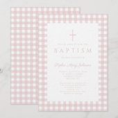Elegante Roze Gingham Meisje Doop Uitnodiging (Voorkant / Achterkant)