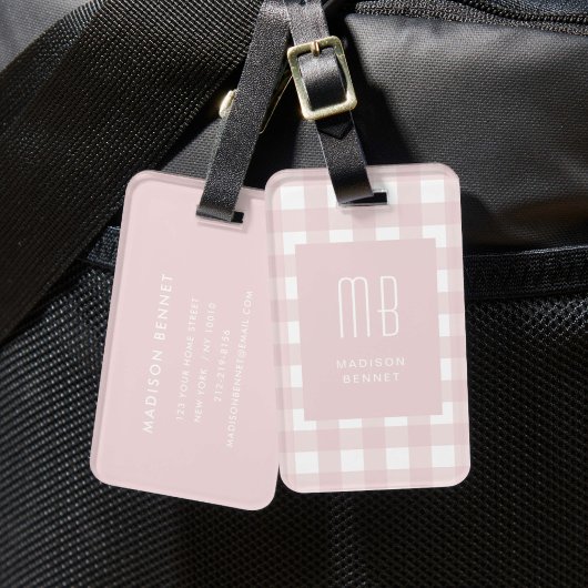 Elegante Roze Gingham Monogram Bagagelabel