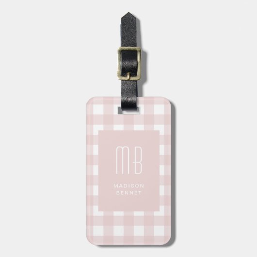 Elegante Roze Gingham Monogram Bagagelabel (Voorkant verticaal)