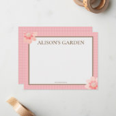 Elegante roze gingham Waterverf tuin Notitiekaartje (Voorkant / Achterkant in situ)