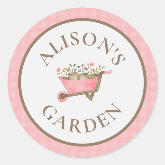 Elegante roze gingham Waterverf tuin Ronde Sticker (Voorkant)