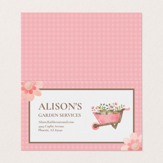 Elegante roze gingham Waterverf tuin Visitekaartje (Buitenkant ongevouwen)