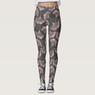 Elegante Roze Ginkgo-bladeren op Zwarte Achtergron Leggings