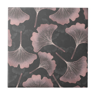 Elegante Roze Ginkgo-bladeren op Zwarte Achtergron Tegeltje