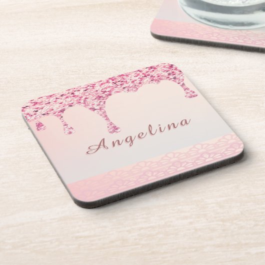 Elegante Roze Glam Glitter Drip Bier Onderzetter (Linkerzijde)