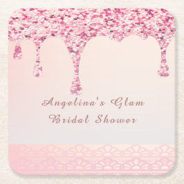 Elegante Roze Glam Glitter Drip Bruidsfeest Kartonnen Onderzetters